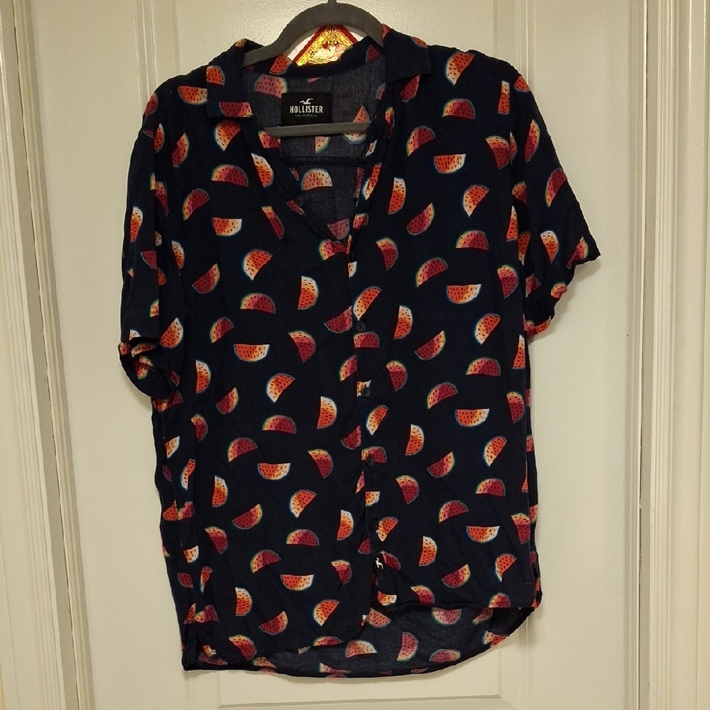 *3/$25 Hollister Watermelon Print Button Up Short Sleeve Tiki Shirt